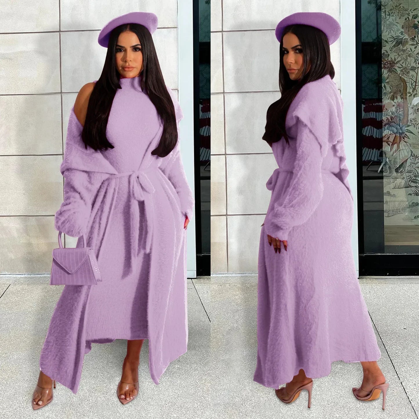 Maxy Women Dress Sets Two Piece Long Sleeve Round Neck Cardigan Solid Color Elastic Waist Casual Slim Fit Patchwork Autumn Belt