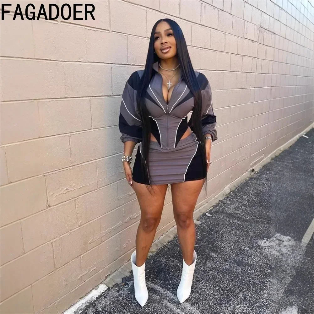 Maxy FAGADOER Color Block Two Piece Set For Women Casual Zip Lantern Sleeve Irregular Crop Jacket + High Waist Skirts Suit Streetwear