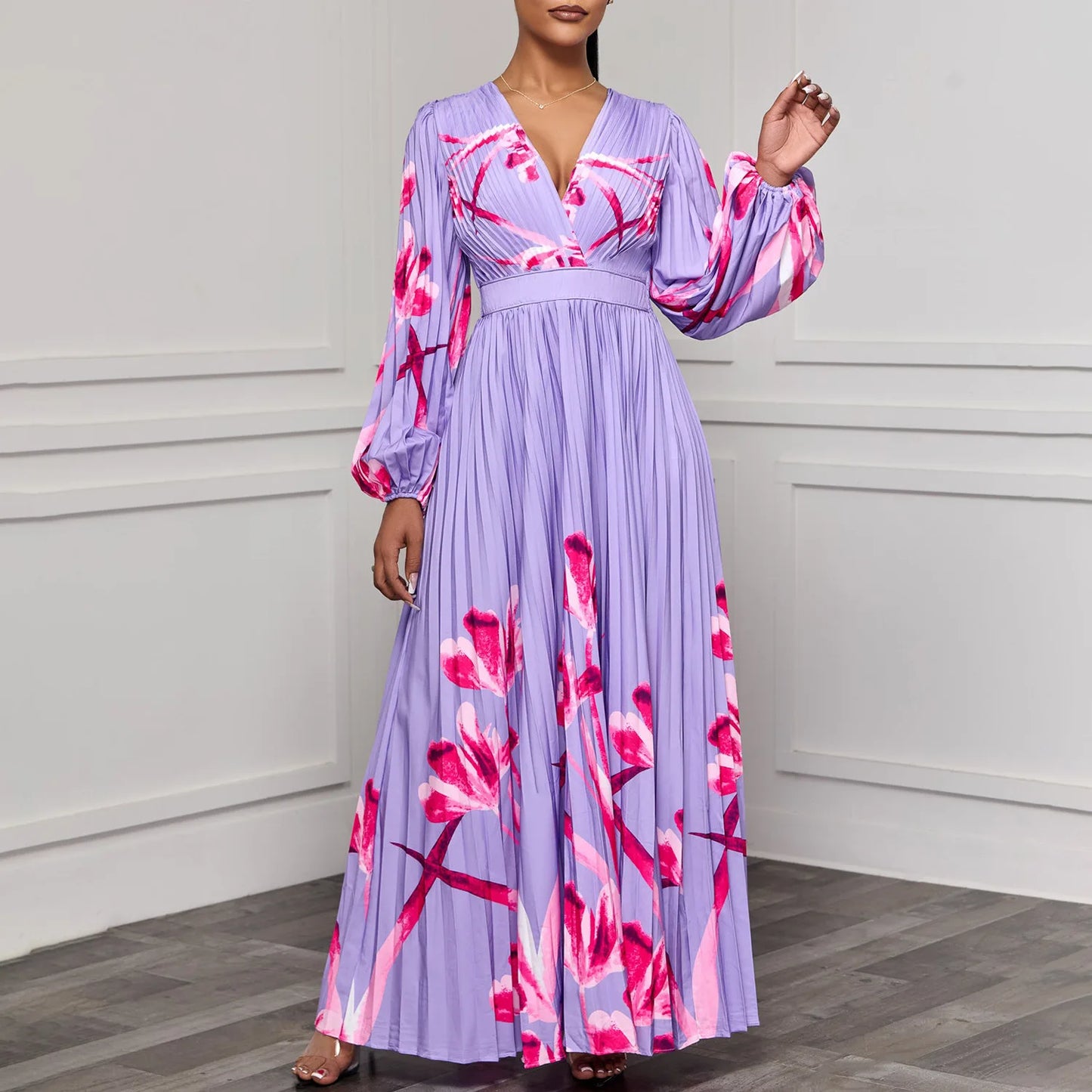 Amay Pleated Dresses Elegant Long Lantern Sleeves V Neck Printed Church Dress for Women Prom Occasion Wedding Guest Modest Gowns