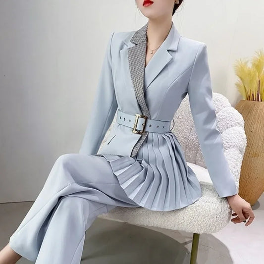 Maxy Blazer and Formal Spring Autumn Trousers Woman Splicing Blue Suits Pant Sets for Women 2 Pieces Business Clothing Trend