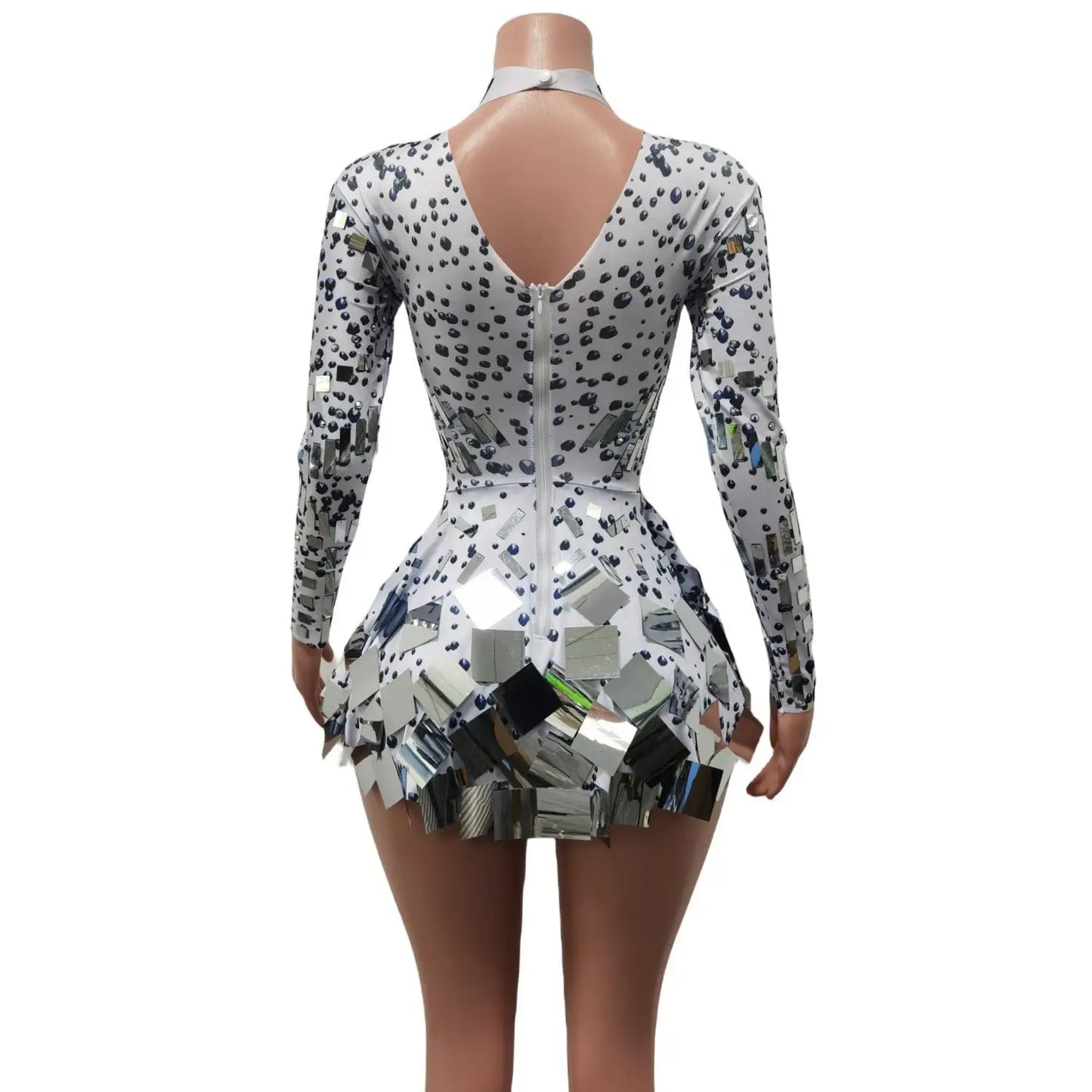 Maxy Fashion Stretch Sequins Mirror Dress Women Bodysuit Dancewear Long Sleeve Drag Queen Costume Rave Festival Night Out BodySuits