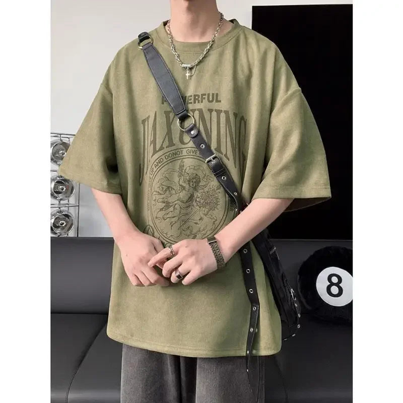 Military green American suede short-sleeved T-shirt men's summer heavyweight trendy brand retro oversize half-sleeve tops