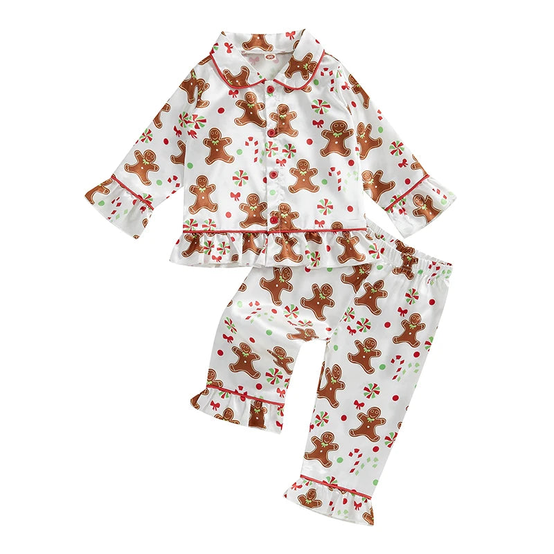 Babs Girl 2Pcs Christmas Pajamas Long Sleeve Gingerbread Print Shirt Pants Set Toddler Sleepwear