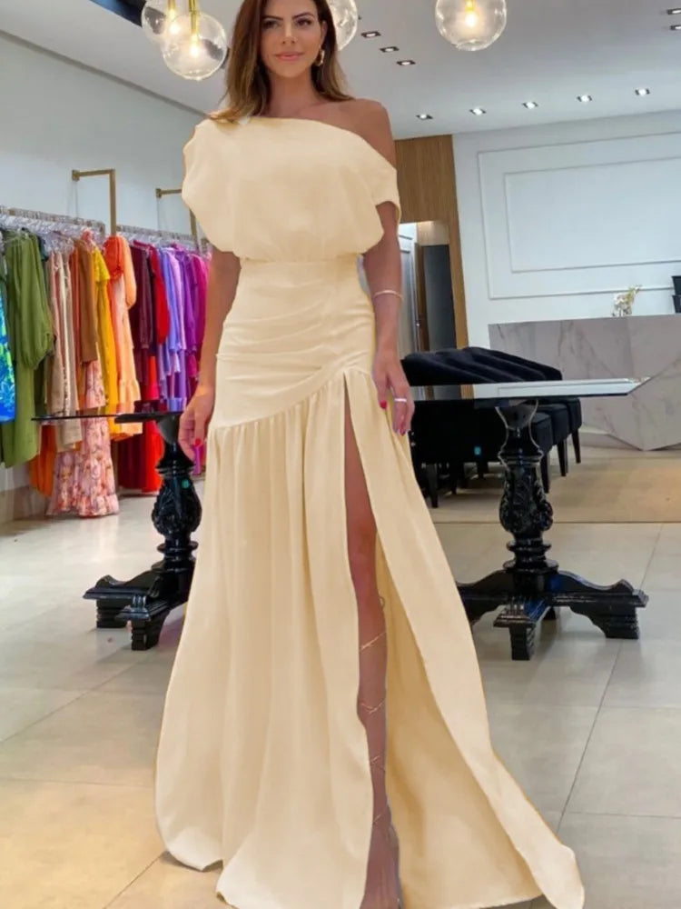 Maxy Elegant Women's Red Black Off Shoulder Party Maxy Dress Summer Sexy One-line Neck Raglan Sleeve Slit Holiday Dresses Robe