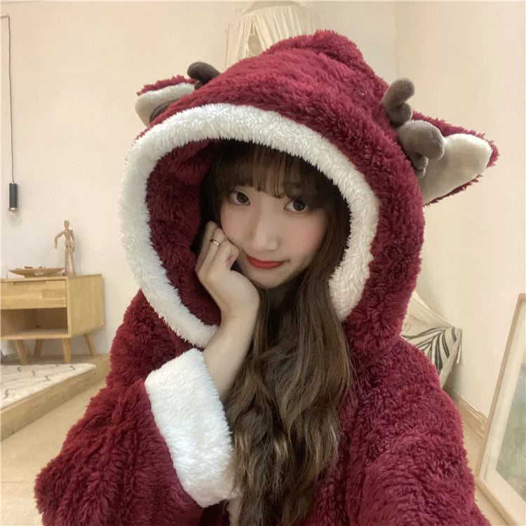 Winter Women Pajamas Christmas Red Reindeer Hooded Set Lounge Homewear Sleep Wear Warm Fluffy Comfy Cute Sweet Kawaii Pajama