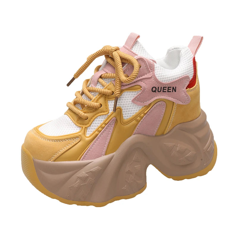 Maxy Spring Autumn High Top Leather Casual Shoes Comfy Breathable Mesh High Platform Shoes 10CM Wedge Heels Walking Chunky Sneakers