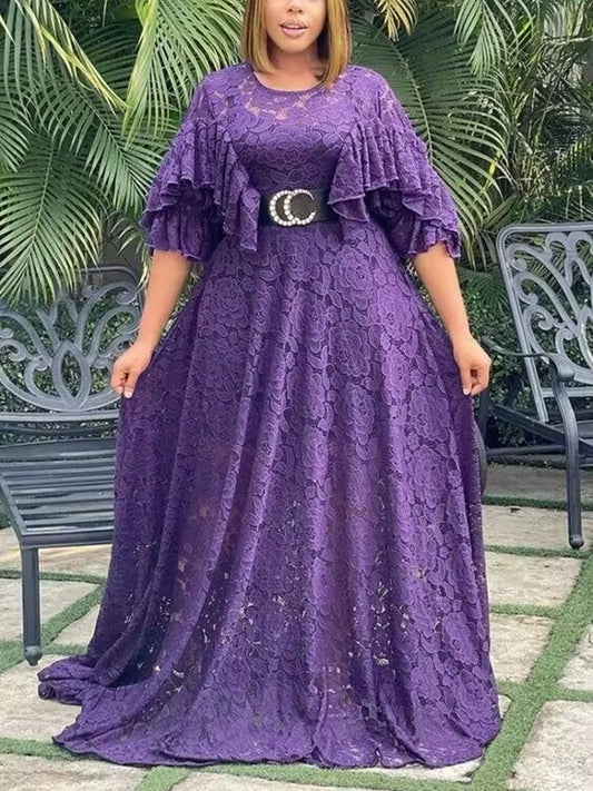 Amay Women's Long Lace Dresses Elegant Flare Sleeves A Line Big Swing Dress Classy Female Party Birthday Clothes White Black Purple