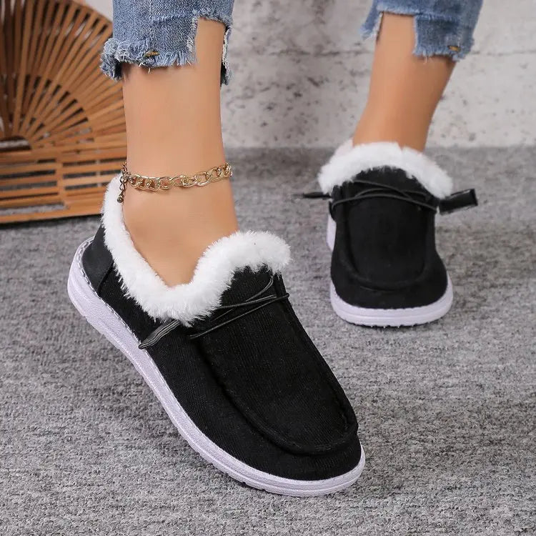 Maxy Winter Plush Loafers Women Ankle Shoes Slip-on Round Toe Flat Faux Suede Sewing Leisure Mature Casual Daily-wear Lace Plus Size
