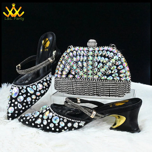 Maxy Silver Color Wedding Newest Design Face Book Hot Sale Decorate with Rhinestone Italian Shoes and Bag for Garden Party