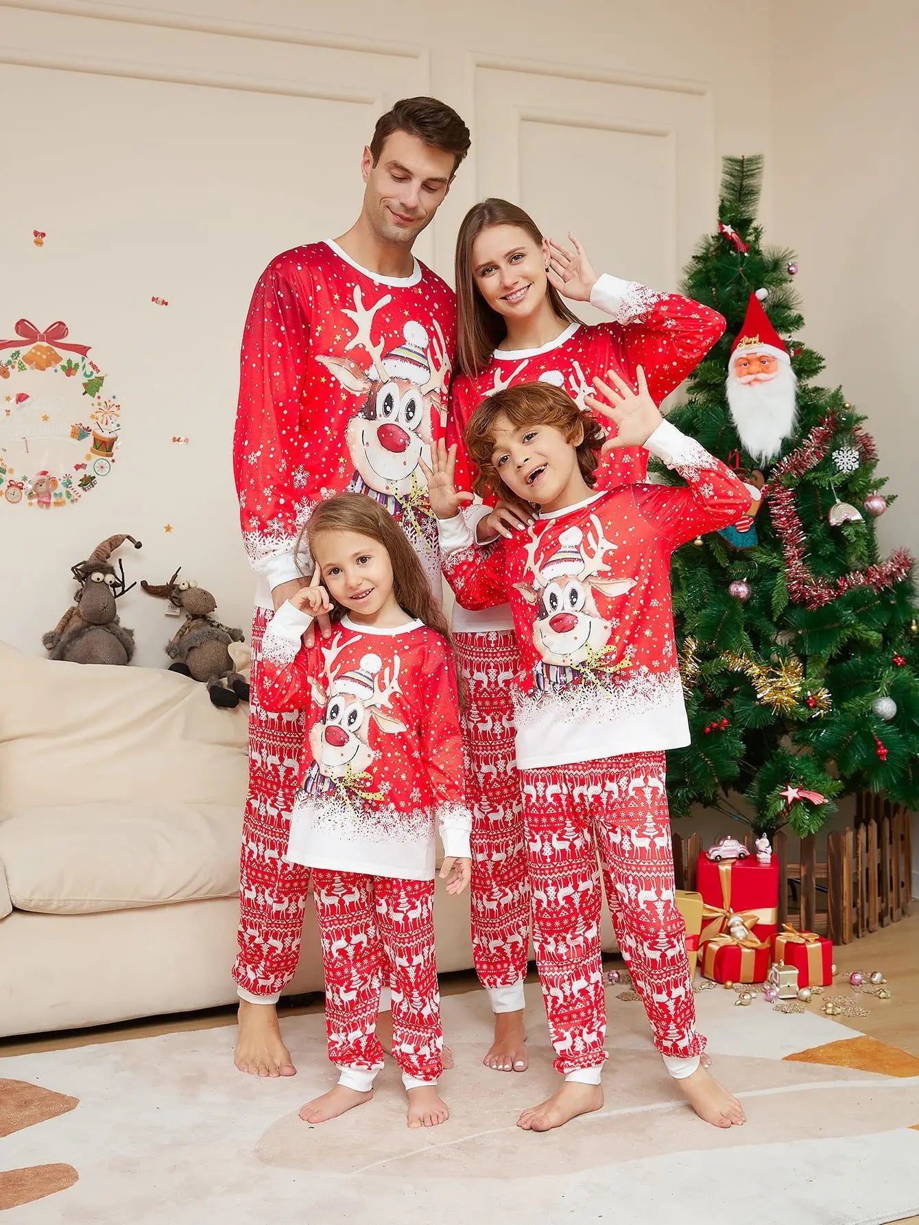 Maxy Christmas Pajamas Family Set Cartoon Deer Printed Red White Long Sleeve Family Matching Christmas Pajamas Pjs Set