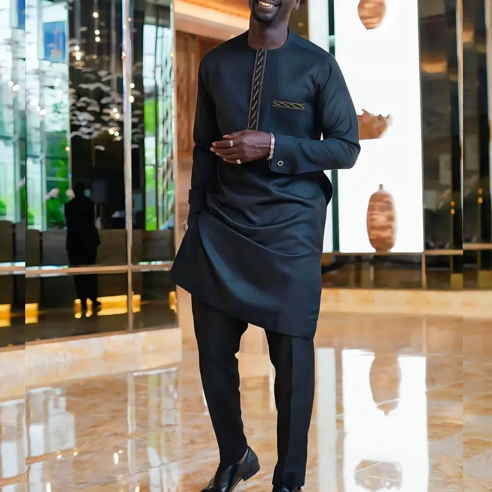 Amay New Kaunda Men's Set Fashionable and Elegant Men's Wedding Set Round Neck Long Sleeve Embroidered Men's Full Set Suit