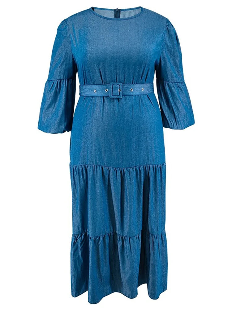 Maxy Plus Size Denim Dresses for Women Solid Long Sleeve Fashion Elegant New Maxy Dress with Bandage