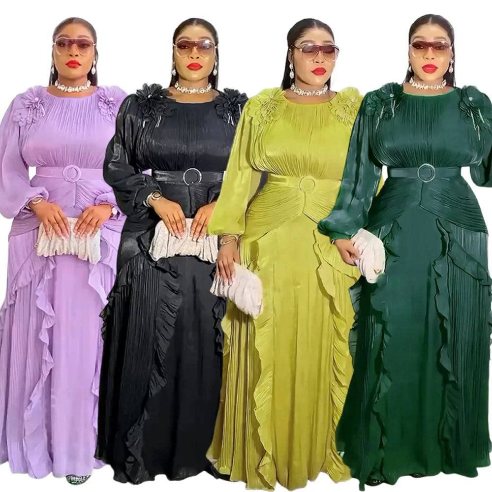 Maxy New Luxury Pleated Party Dress Round Neck Plus Size Dashiki Abaya Women Evening Dress