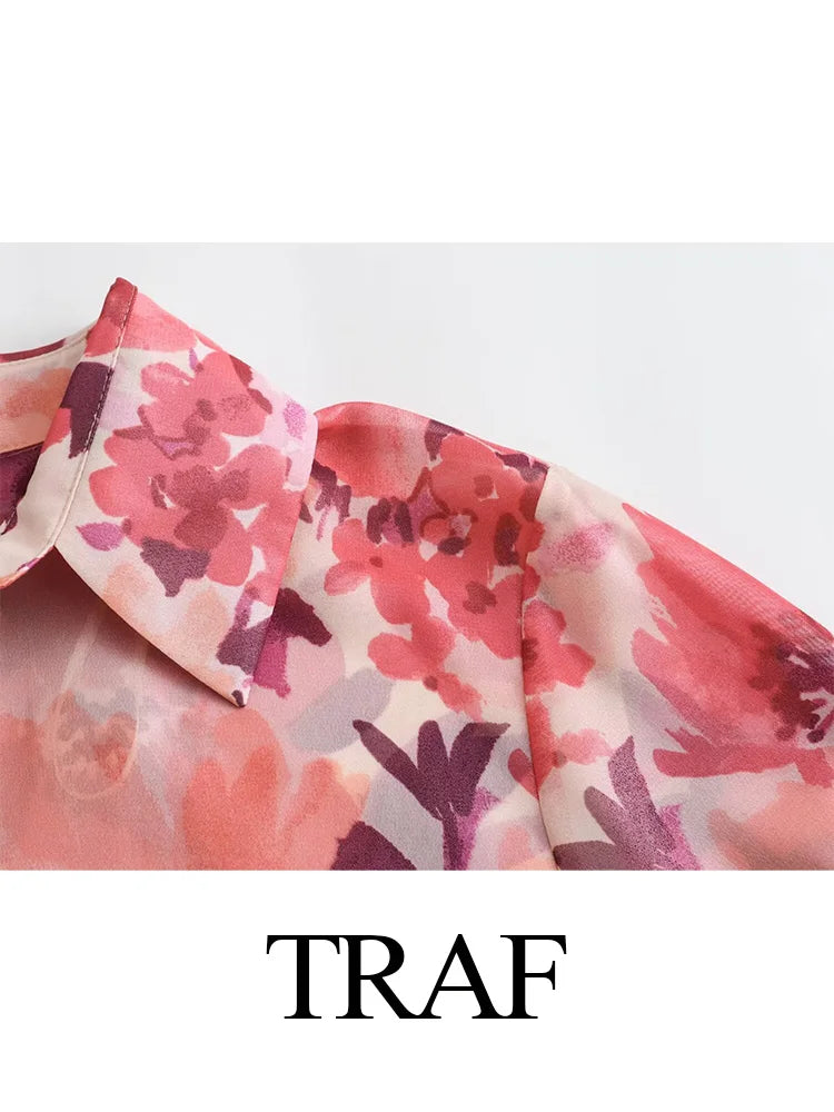 Maxy Spring Women Pink Print Short Sleeve Casual Blouses Women Button up Shirt+ A-Line Pleated Skirt Set For Beach Style