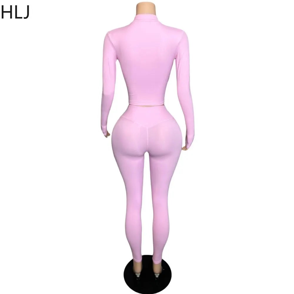 HLJ Quality Casual Sporty Two Piece Sets Women Zipper Long Sleeve Slim Top And Legging Pants Tracksuits Female Stretchy Outfits