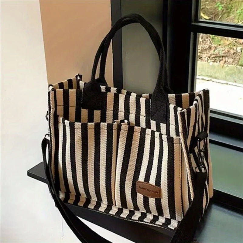 Maxy Cool Street Handbag, Large Capacity Women's Shoulder Bag, Trendy Striped Canvas Crossbody Bag, Fashion Travel Shopping Tote Bag