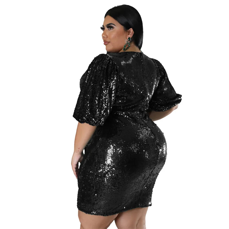 Babs Evening Party Dresses for Women Sequins Club Wear Plus Size Fashion Puff Sleeve Mini Dress