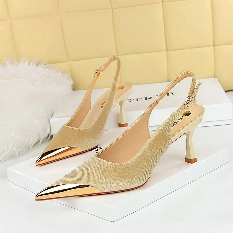 Women 7cm High Heels Green Burgundy Slingback Strap Pumps Lady Metal Toe Velvet Kitten Low Heels Nightclub Evening Party Shoes