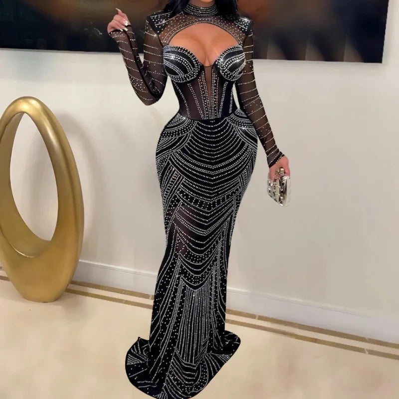 Amay Chic Elegant Long Sleeve Stand Collar Rhinestone Mesh Hollow Out Dresses High Waist Evening Party Women Autumn Ceremonial Dress