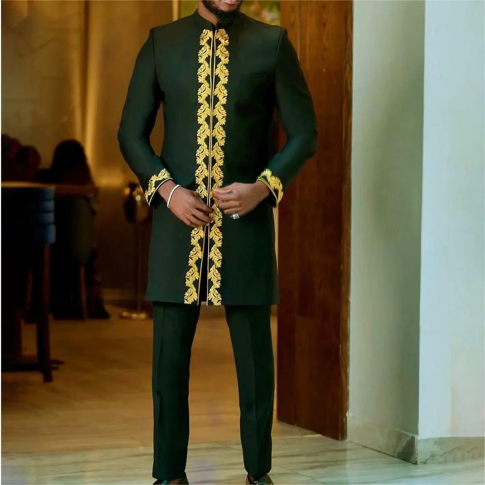 Maxy New African Traditional Men's Set Round Neck Long Sleeve Yellow Luxury Two Piece Dashiki Wedding Party Festival Men's Suit