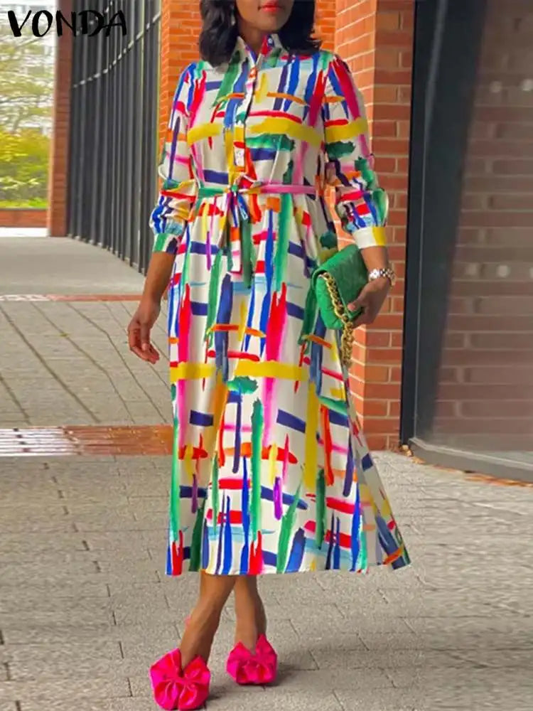 Maxy Plus Size 5XL Bohemian Long Sleeve Vintage Shirt Dress Women Stand Collar Printed Midi Vestido Casual Sundress Belted