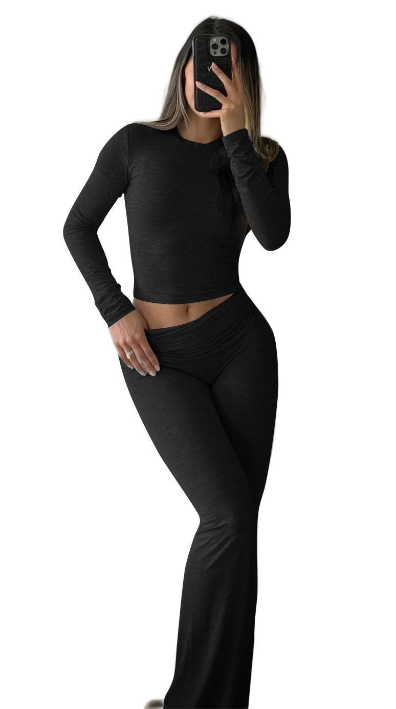 Maxy Casual Workout Two Piece Outfits Long Sleeve High Waist Fold-over Flare Flared Leggings Pants Tracksuit Sets Streetwear