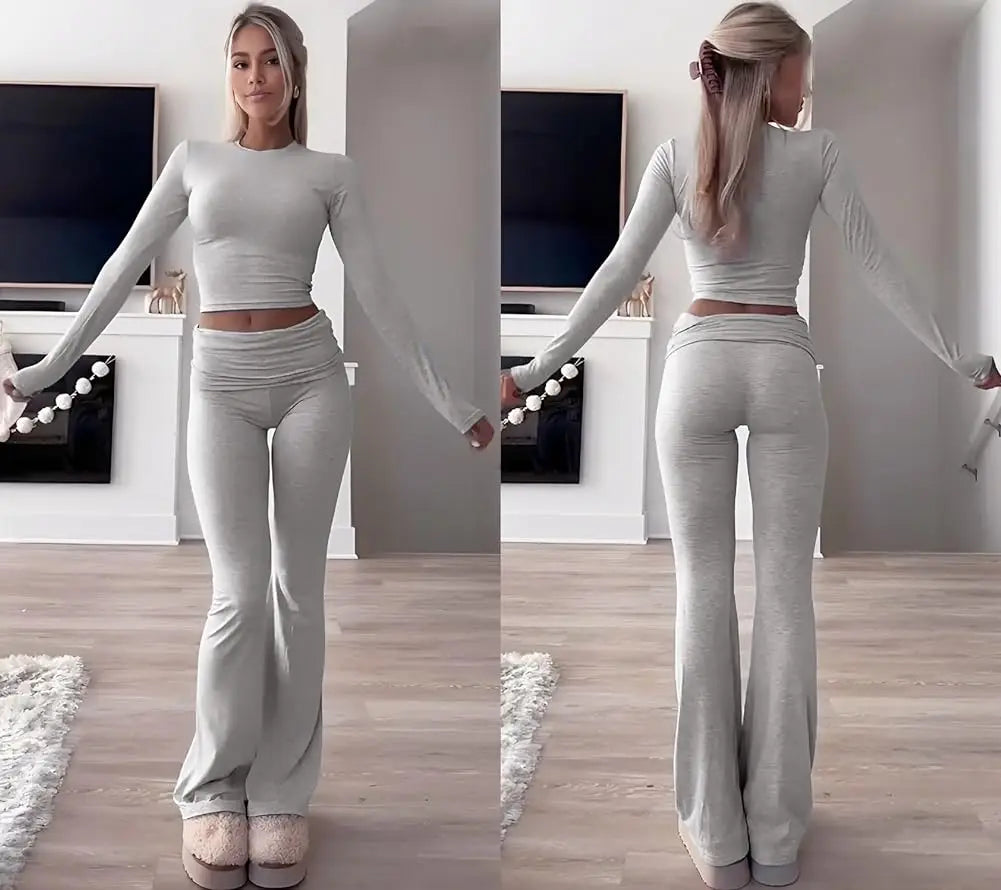 Maxy Casual Workout Two Piece Outfits Long Sleeve High Waist Fold-over Flare Flared Leggings Pants Tracksuit Sets Streetwear