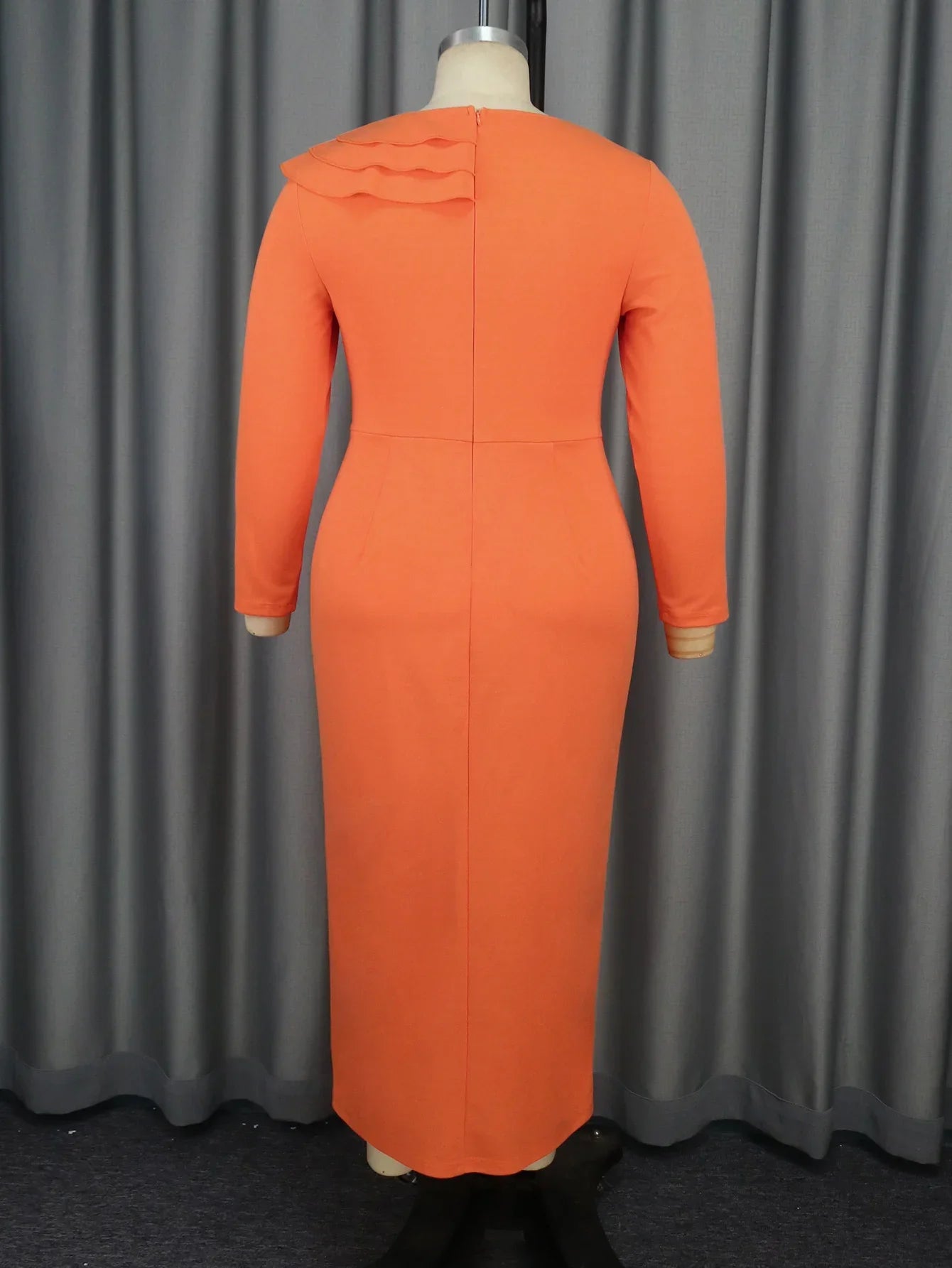 Orange Sheath Long Dresses for Women O Neck Ruffles Long Sleeve High Waist Package Hip Front Slit Office Evening Party Dress New