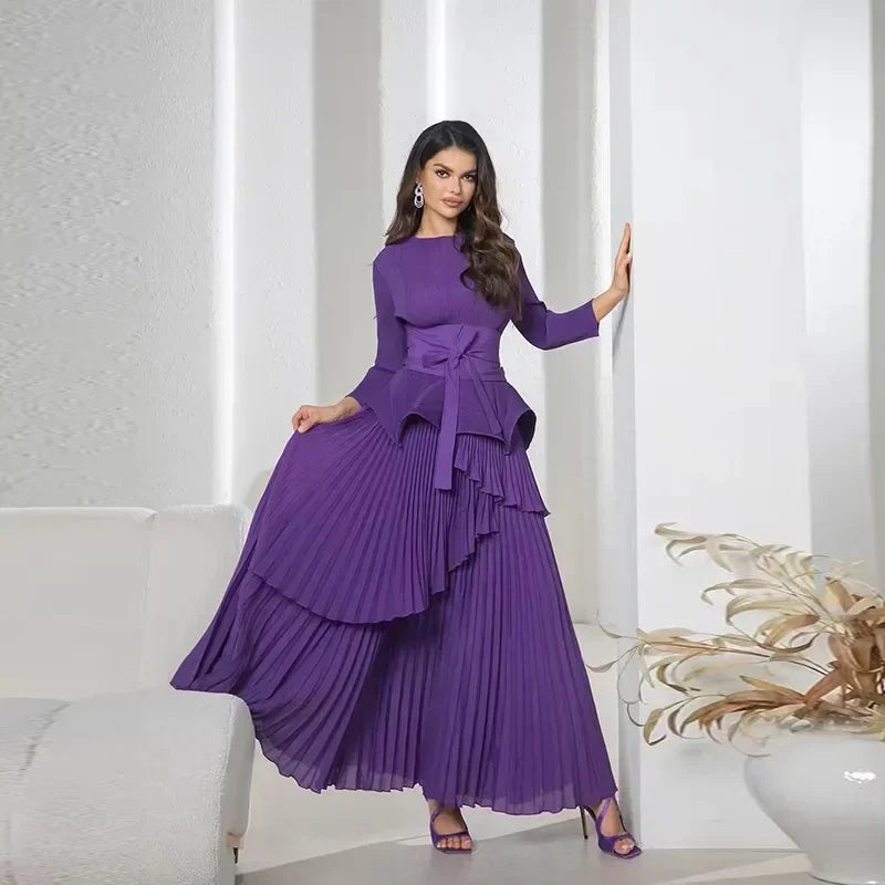Amay Pleated Irregular Lantern 2 Piece Set Skirt + Long Swing Dress Set Autumn Solid Long Sleeved Lace Up Design Two Piece Set