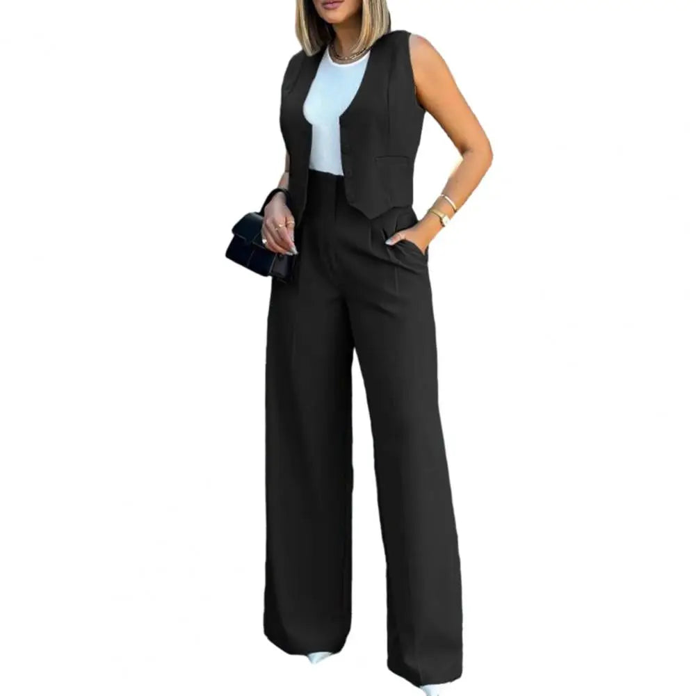 Zay Women Vest Elegant Lady Baggy Pants Set Women's High Waist Wide Leg Pants with Sleeveless Vest Solid Color Casual Streetwear