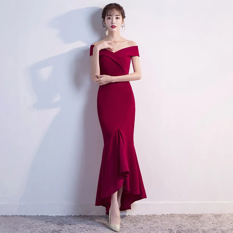 Maxy Evening Dresses Burgundy Sequins Stretchy Off the Shoulder Zipper Back Mermaid Trumpet Floor Knee Women Party Formal Gowns YE288