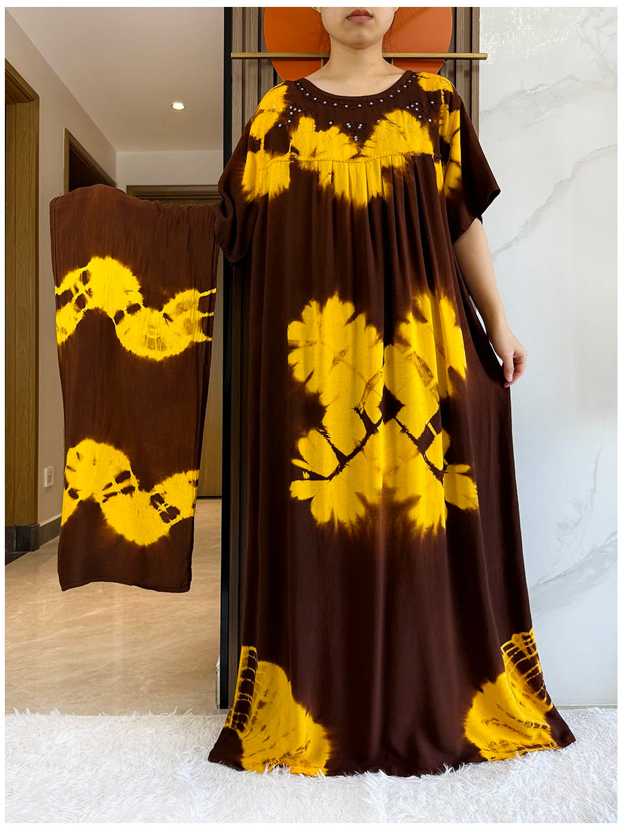 Maxy 2 Pieces Africa Dashiki Floral Printing Loose Cotton Caftan Lady Summer Maxy Casual Dresses With Big Scarf Short Sleeve
