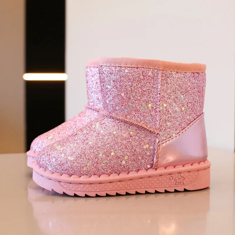 Maxy Kids Snow Boots Winter New Sequin Princess Ankle Boots Plush Warm Cotton Shoes Toddler Non-slip Sneakers Pink Girl's Boot