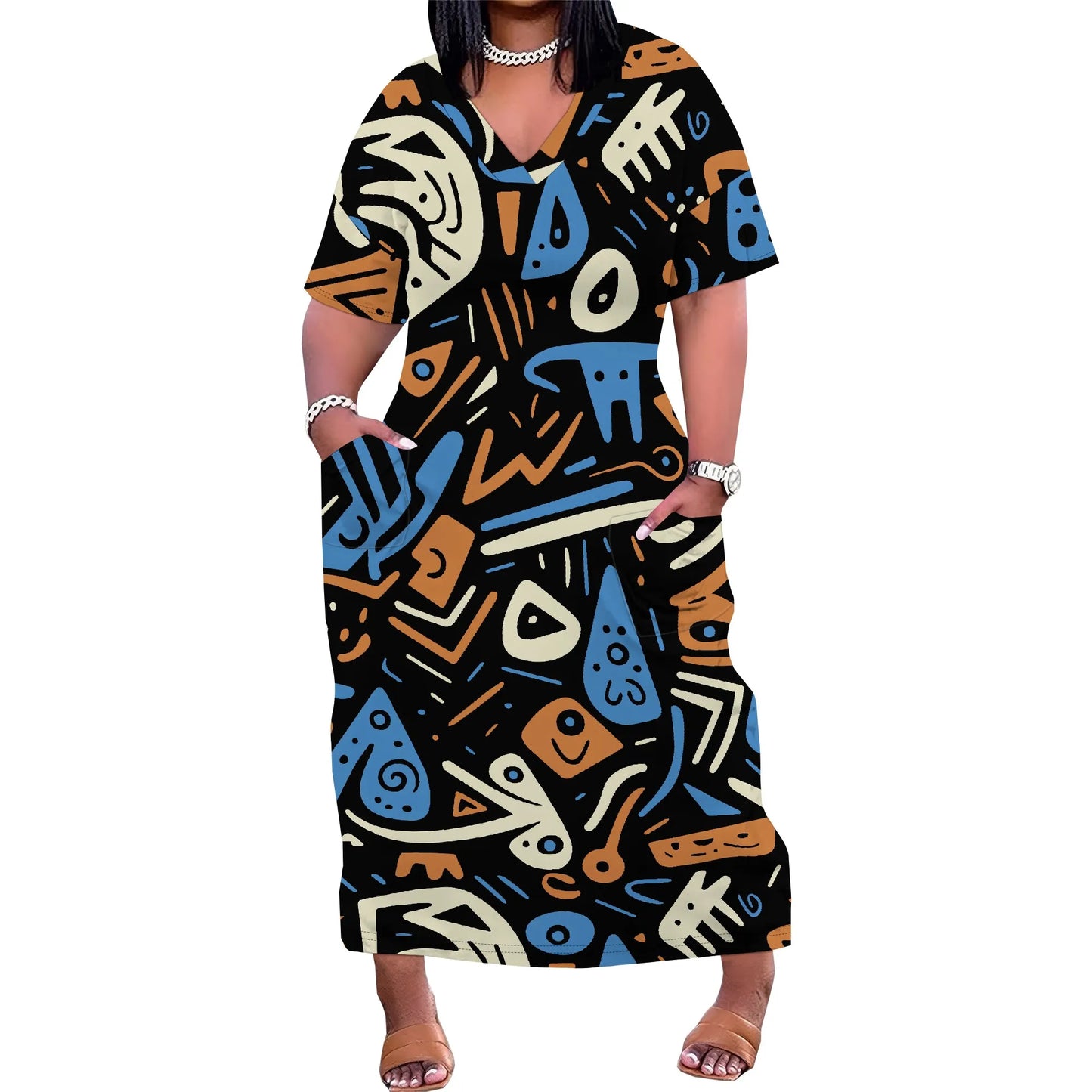 Maxy Plus Size Women Dress with Pockets, Short Sleeve Loose and Comfortable Long Dress for Beach, Party, Work, Spring