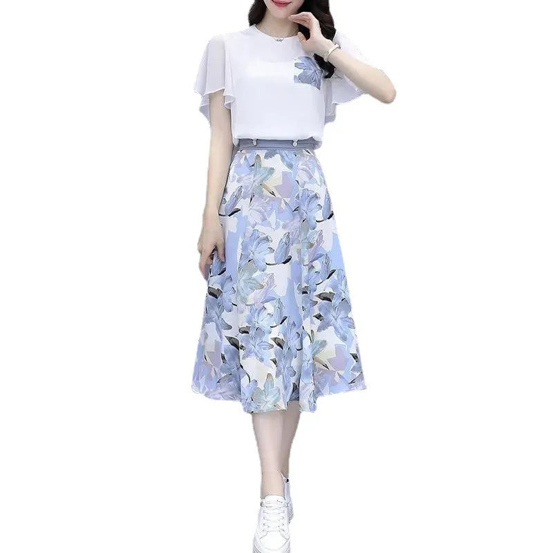 Maxy Women's Suits Summer New Fashion Casual Slim Temperament Floral T-shirts Skirts Female Two Piece Sets SJ431