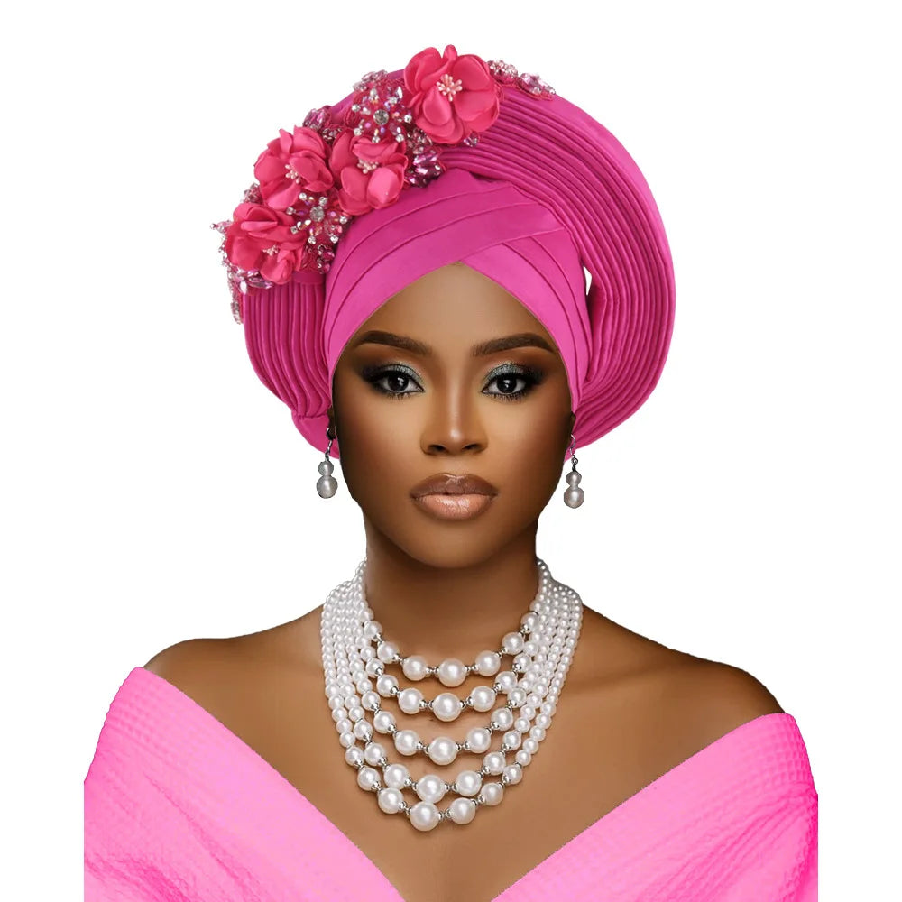 Maxy Fashion African Head tie Turban Nigeria Head Ties Flowers Already Made Auto Gele Women Head Wraps for Wedding Party Headpiece New