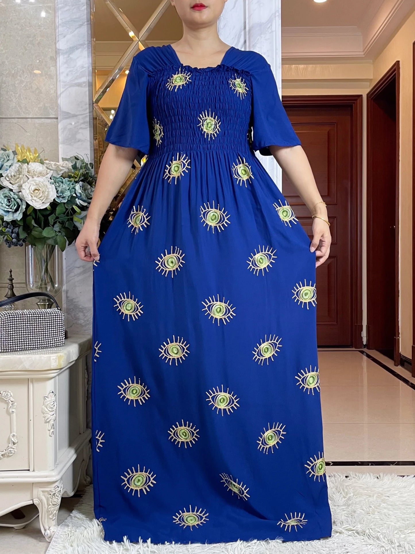 Maxy Summer Fashion Casual Dress Collect Waist Embroider Short Sleeve Loose Woman Maxy Islam African Women Abaya Clothes