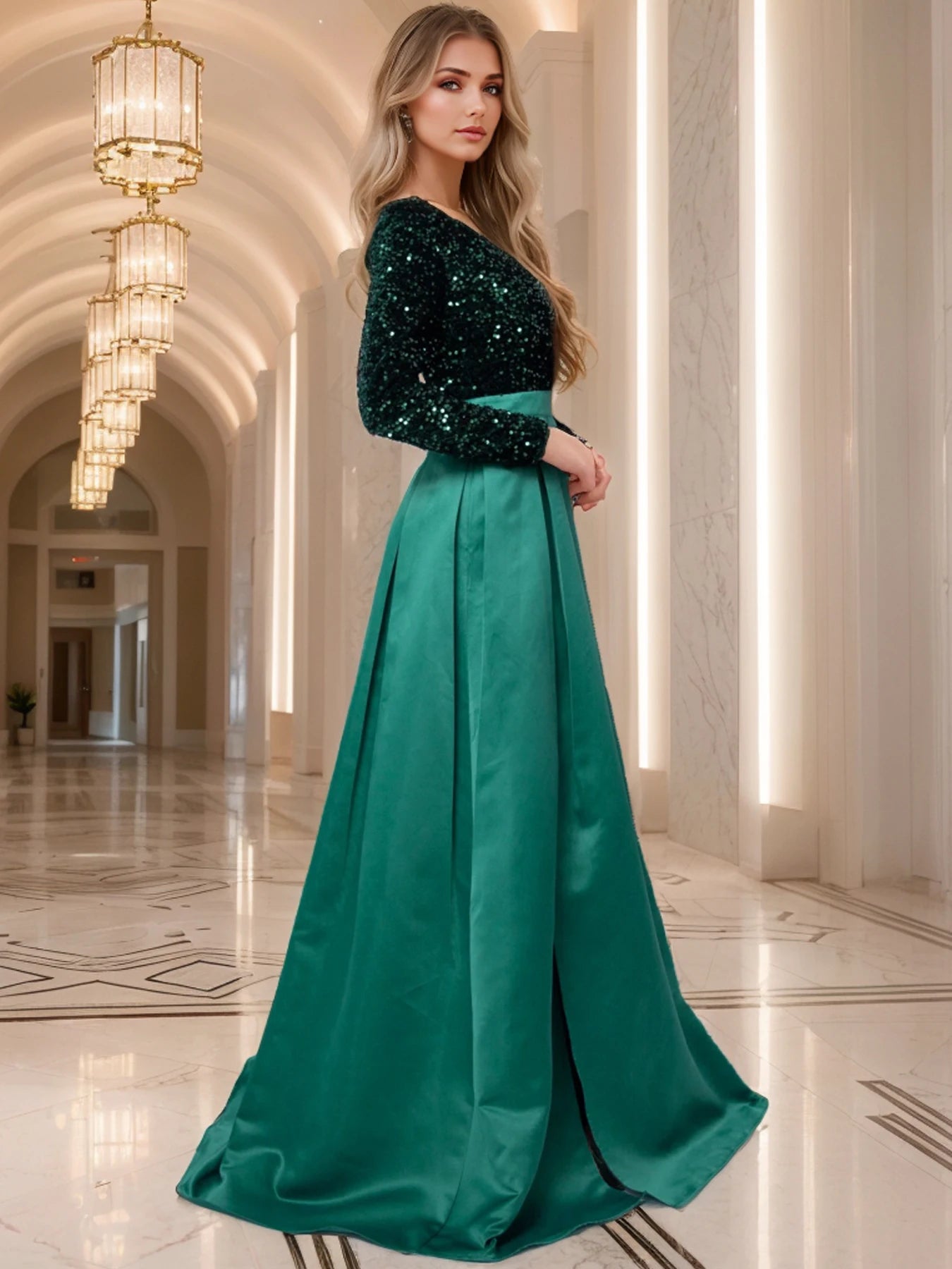 Maxy Romanic Women V Neck Sequin Satin Long Sleeves Evening Party Dress Graduation Prom Gown Floor Length Slit With Pocket Dresses