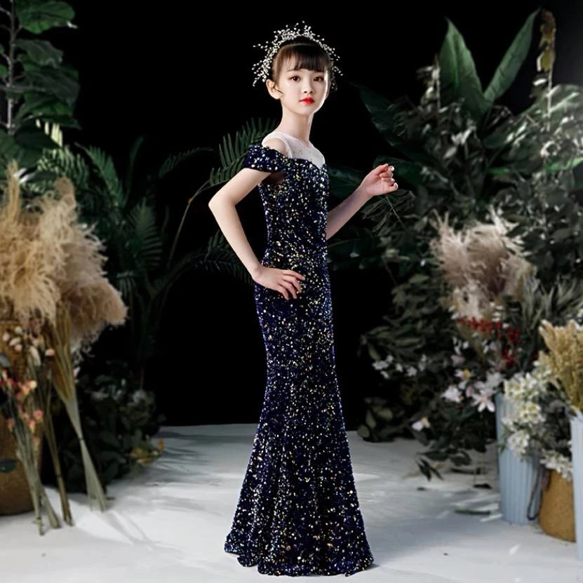 Maxy Newest Luxury New Year Carnival Teens Slim Fit Mermaid Dresses Evening Party Fashion Children Girls Sequin Shiny Ball Gowns