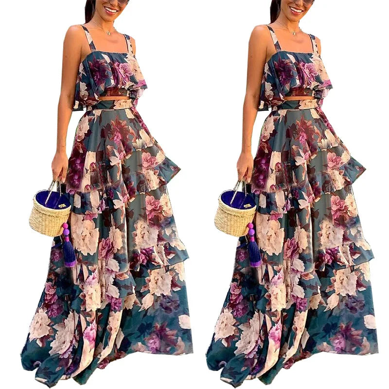 Maxy sleeveless crop top + maxy skirt women two pieces suit dresses vintage floral print ruffles summer set robe