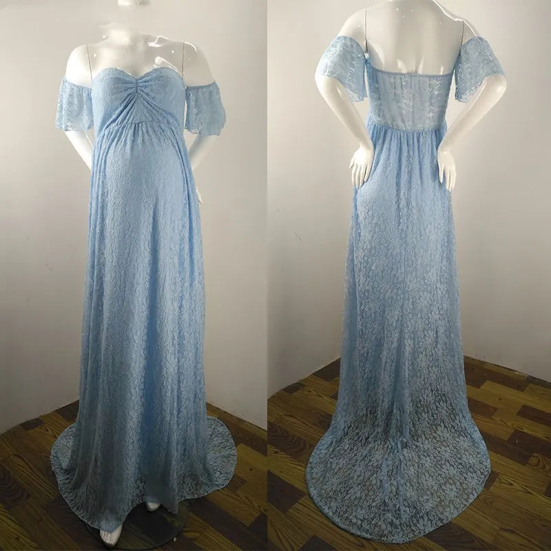 Maxy Pregnant Women Off Shoulder Ruffle Sleeve Lace Maternity Gown Maxi Photography Dress Elegant Pregnancy Dresses for Photo Shoot