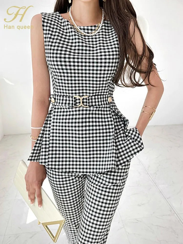 Maxy Queen Summer New Occupation Plaid 2-Piece Suits Women Elegant Sleeveless Top & Simple Pants Korean Casual Office Set