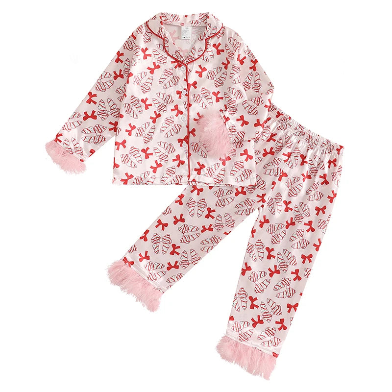 Babs Girl 2Pcs Christmas Pajamas Long Sleeve Bow Mug Print Shirt Pants Set Kid Sleepwear