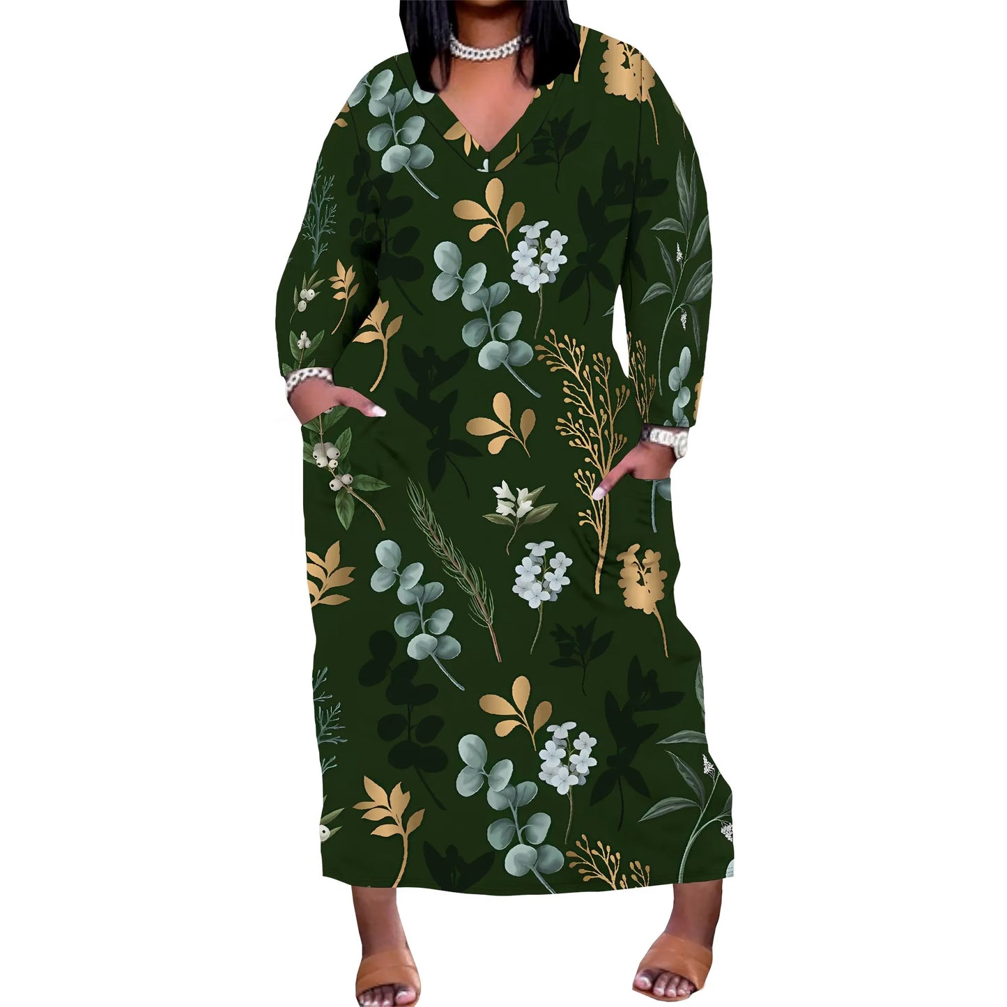 Maxy Plus Size Off Shoulder Green Botanical Print Dress Vacation Casual Wear