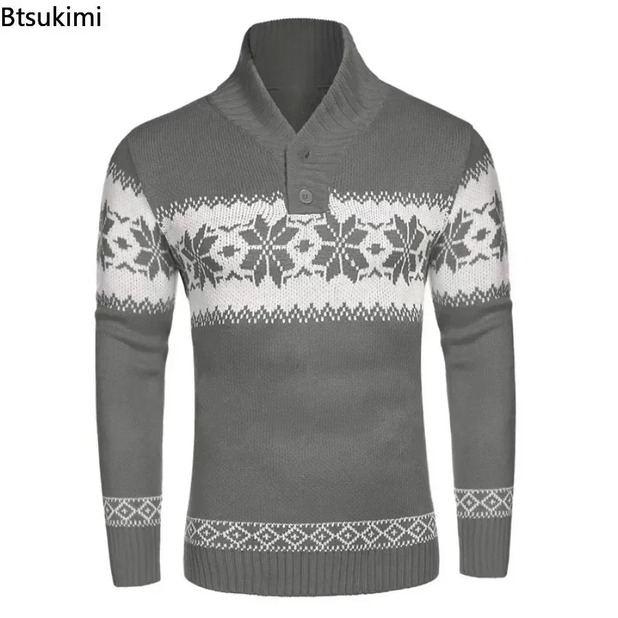 Maxy  Autumn Winter Men's Snowflake Christmas Sweater Knitted Sweater V-Neck Casual Knit Jumpers Pullovers Home Warm Outwear Male