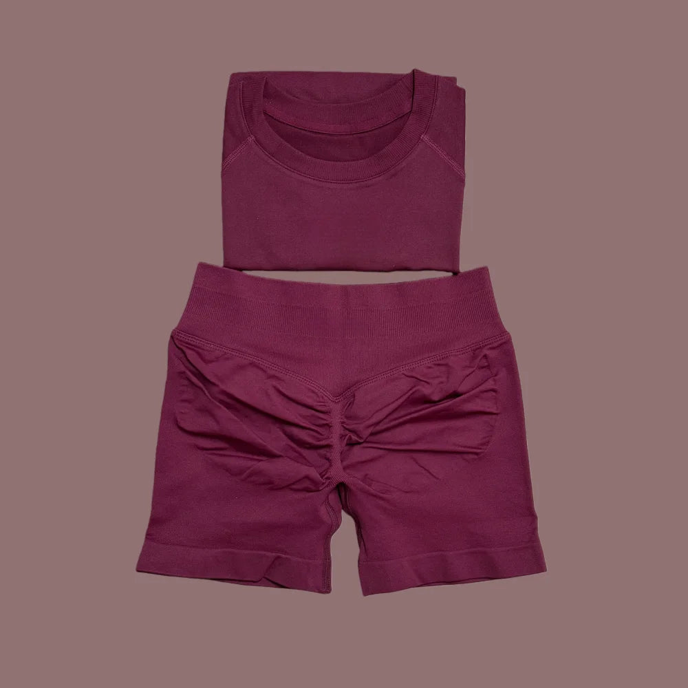 Maxy New Four Seasons 2-piece Sports Set Short Sleeve Round Neck Seamless Indoor Yoga Top Boxing Fitness Running Shorts Sports Set