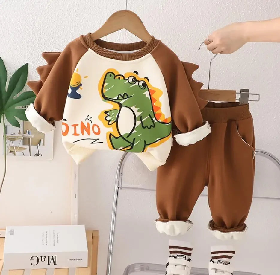 Maxy Baby Boys Clothes Toddler Sets Autumn Winter Casual Print Dinosaur Fleece Pullover Sweatshirt+Pants Boutique Outfits