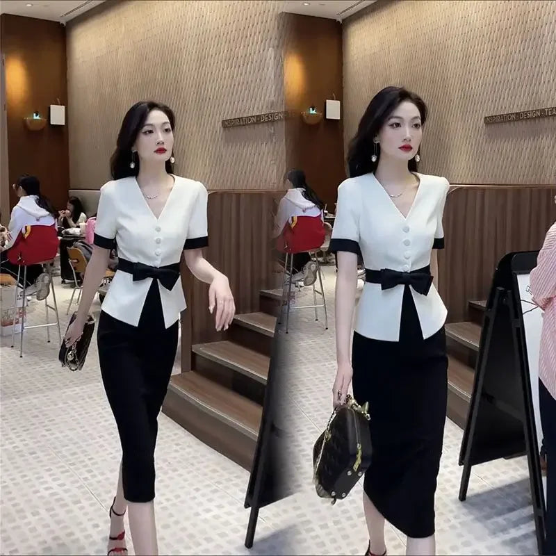 Maxy Slit Midi Office Skirt 2 Pieces Sets for Women Suits Short Sleeve Woman Outfit Festival Stylish Clothing Trend New Arrivals