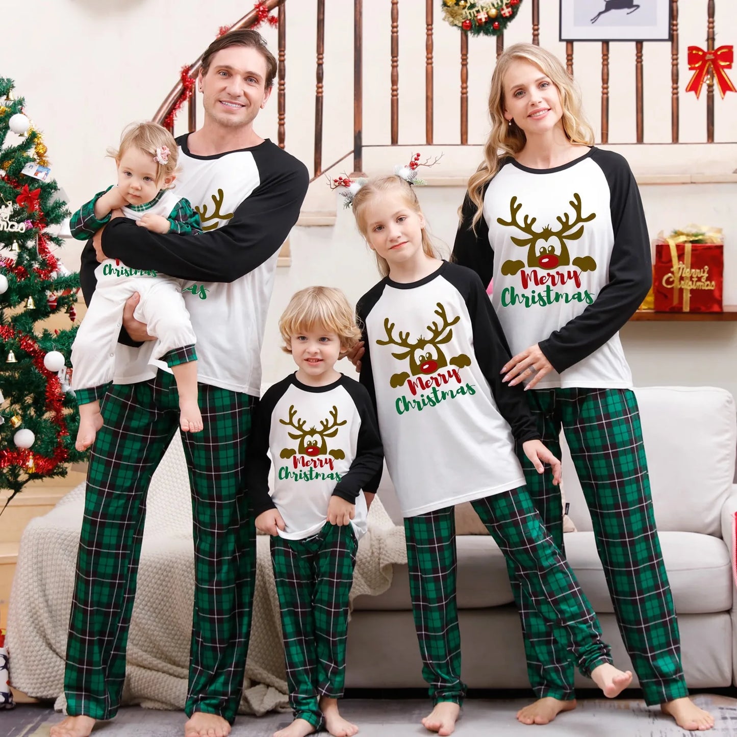 Maxy 2024 New Year's Costumes Women Men Boys Girls Matching Pajamas Set Christmas Family Look Cartoon Plaid 2 Pieces Suit Lounge-wear