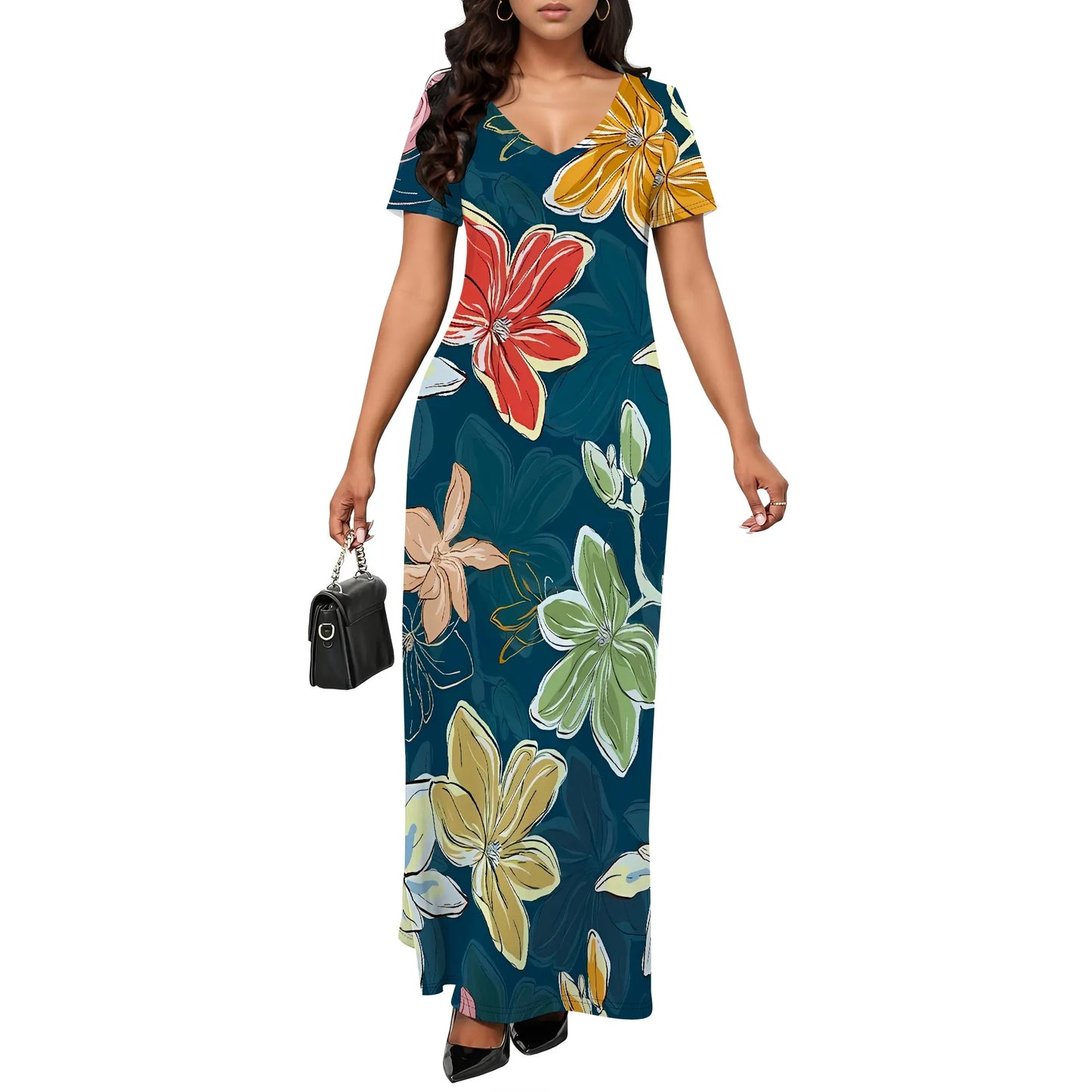 Maxy Women's Multicolor Floral Print Maxy Short Sleeve V Neck Long Dress Casual Summer Beach Holiday Wear